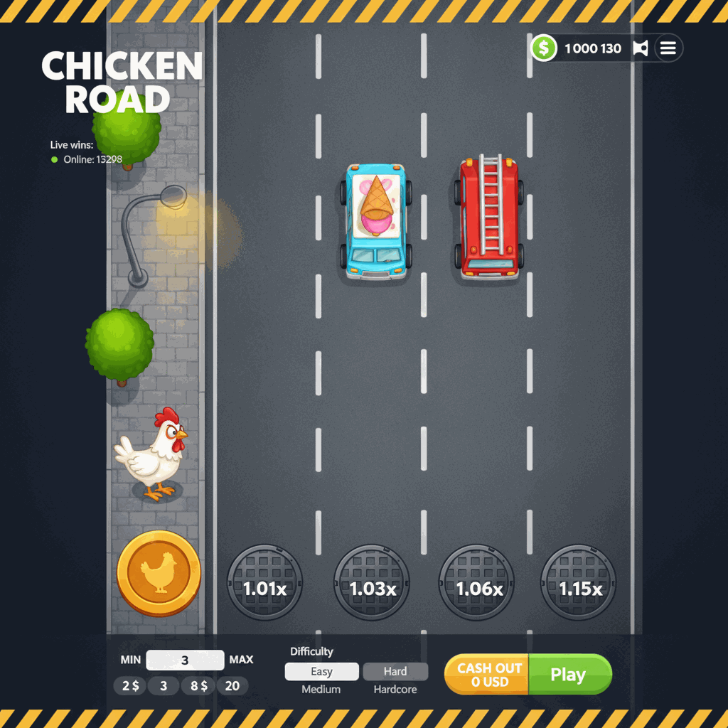 Chicken Road game interface showing a cartoon chicken character positioned on an urban sidewalk preparing to cross a multi-lane road viewed from above, with white lane dividers, manhole cover multiplier markers on each lane, trees and street lamp on the left side, dark navy gradient background, and game controls displaying bet amounts and cash out options at the bottom of the screen